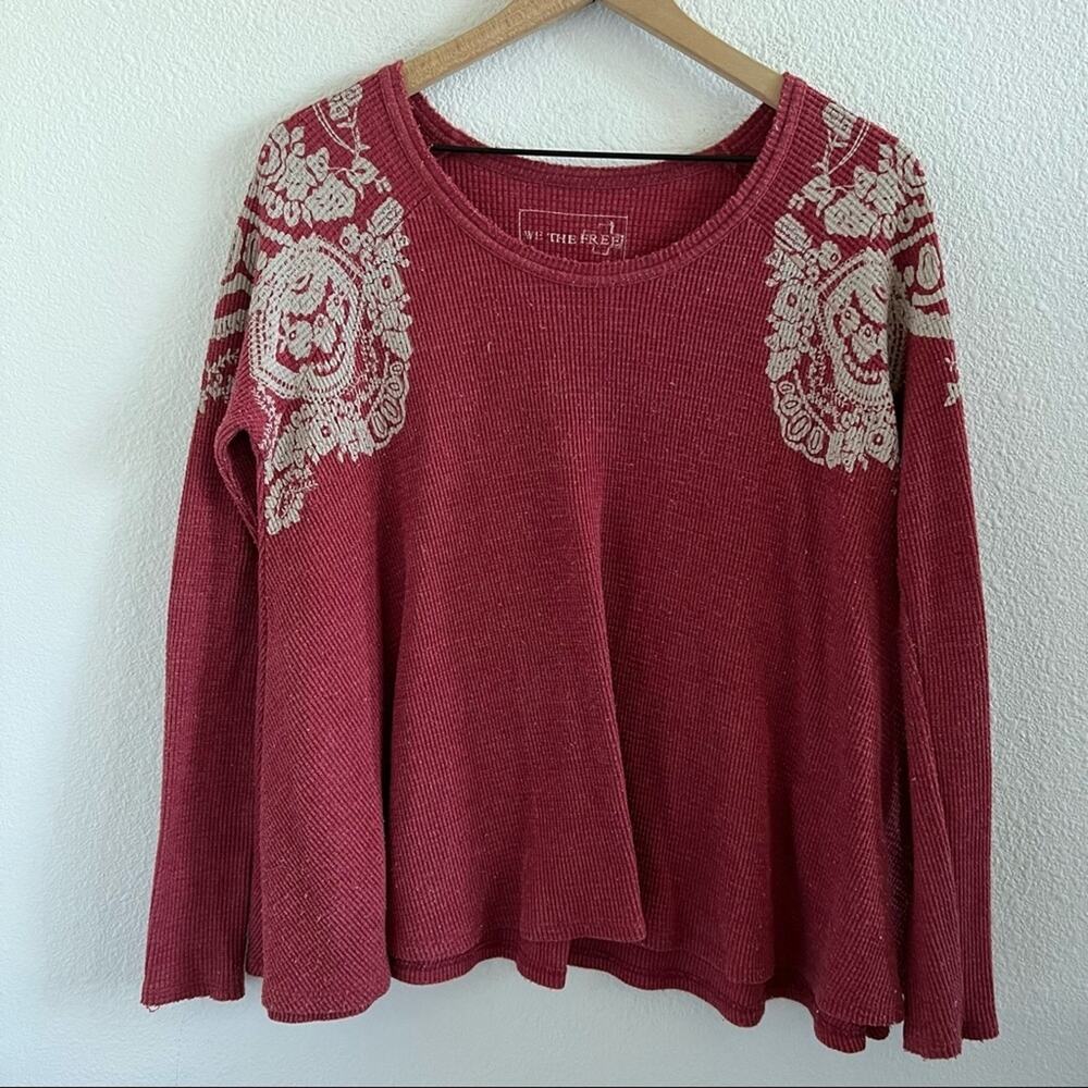 We the Free Free People Thermal Red Cream Long Sleeve Boho Small